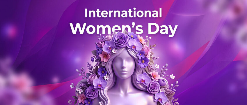 International womens day banner with 3d ethereal woman face and purple flower crown. Creative 3d render for march celebrations social media cover horizontal banner and website header design