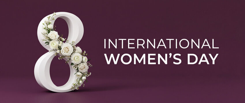 International womens day elegant banner of 3d number 8 symbol decorated with white roses and greenery celebrating event design on dark purple background for social media cover, website header template
