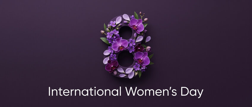 International womens day banner creative concept featuring ornate number eight decorated with vibrant purple orchids and blossoms on dark background for elegant holiday social media cover, header