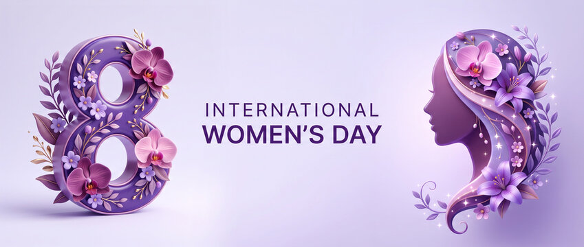 International womens day banner with ornate number 8 and a woman's profile adorned with lavender orchids and flowers for social media cover, website header template design