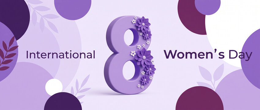 International womens day banner with large number eight and abstract purple circle background creative horizontal march 8 celebration design for social media header website template