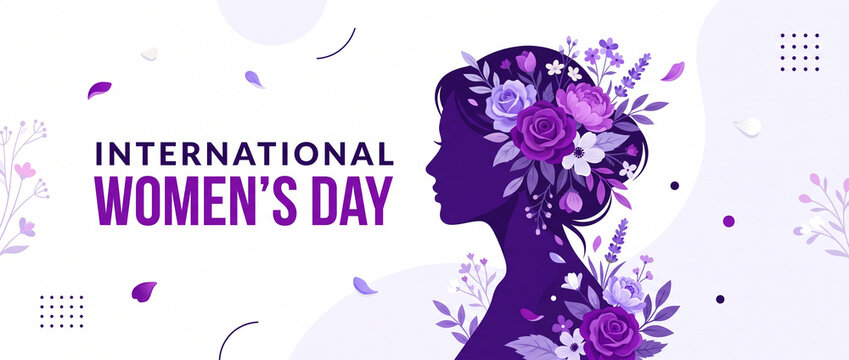 International womens day banner featuring a woman's purple silhouette adorned with flowers against a light, abstract background for social media cover, website header template design