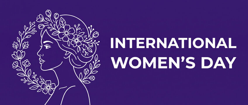 International womens day banner graphic illustration with elegant woman profile adorned by floral wreath on vibrant purple background white line art for social media cover, website header template