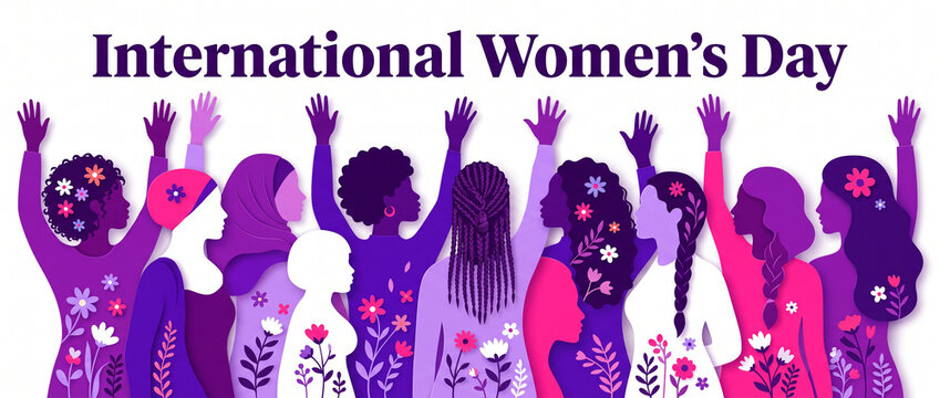 International womens day banner template showing group of diverse women with raised hands and floral patterns in paper cut art style for social media website cover design
