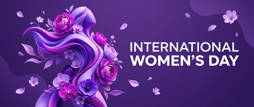 Modern international womens day banner with 3d render of purple flowing fabric and vibrant spring flowers on dark background for high quality website header and social media template