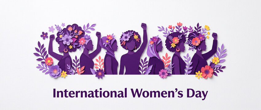International womens day banner featuring paper cut silhouettes of diverse women and floral elements on white background showing unity and empowerment for social media cover design