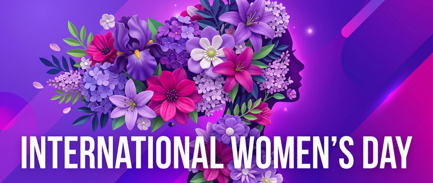 International womens day banner featuring vibrant purple floral silhouette of female profile on abstract geometric background for modern march 8 celebrations and social media cover template