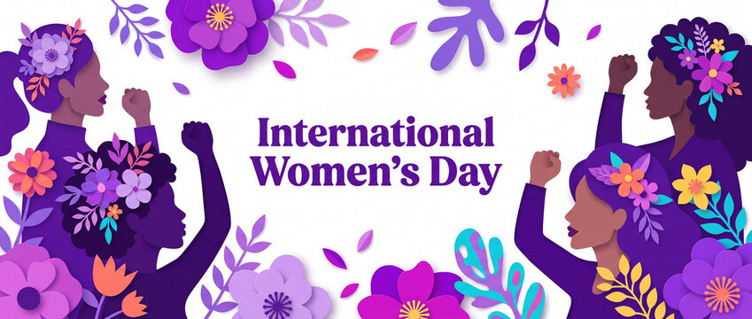 International women's day banner with diverse group of women raising fists in solidarity, surrounded by vibrant paper-cut style floral decorations for social media cover, website header design