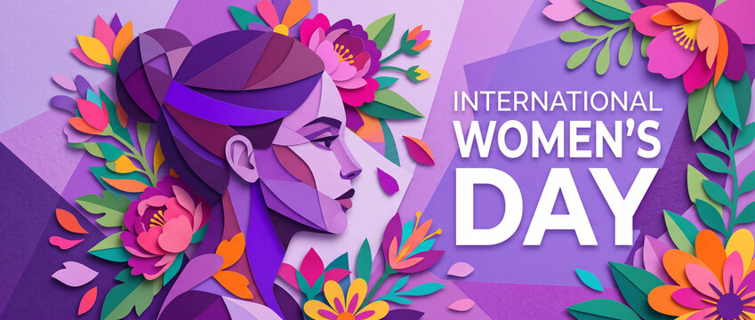 International womens day banner with profile portrait of a woman created with geometric paper cut elements and vibrant floral decorations for social media cover, website header template design