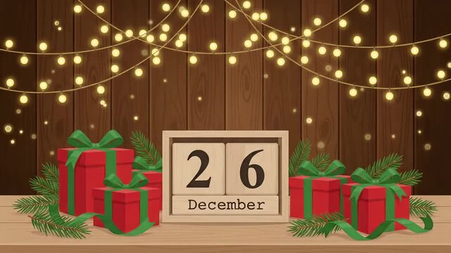 December 26 Boxing Day calendar holiday gift boxes fairy lights wooden background 2d motion graphic animation loop
