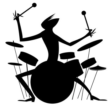 Man in silhouette plays on drum kit. Black on white illustration