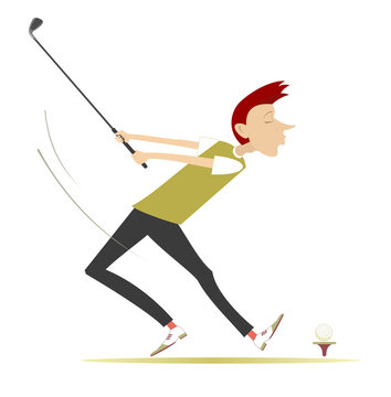 Young male golfer in green cloth aiming to do a good shot