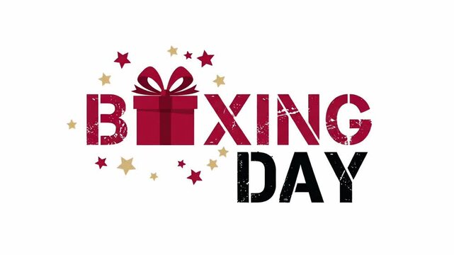 Boxing Day sale retail promo event red gift box grunge typography isolated on white background 2d motion graphic loop
