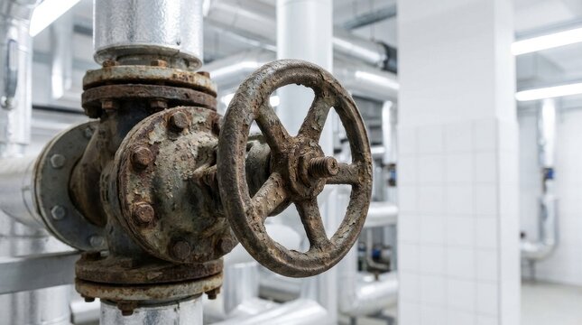 Industrial Metal Pipeline Valve with Heavy Rust Corrosion and Weathered Flanges in a Modern Engineering Facility Utility Room for Infrastructure