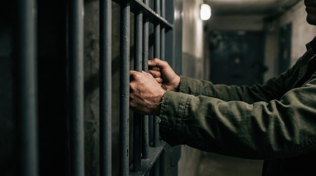 Inmate holding prison bars tightly with hands in a dark jail cell corridor highlighting themes of captivity justice punishment and legal trouble