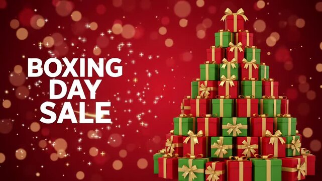 Boxing Day sale retail promo event gift box tree bokeh lights magic sparkles 3d motion graphic background loop
