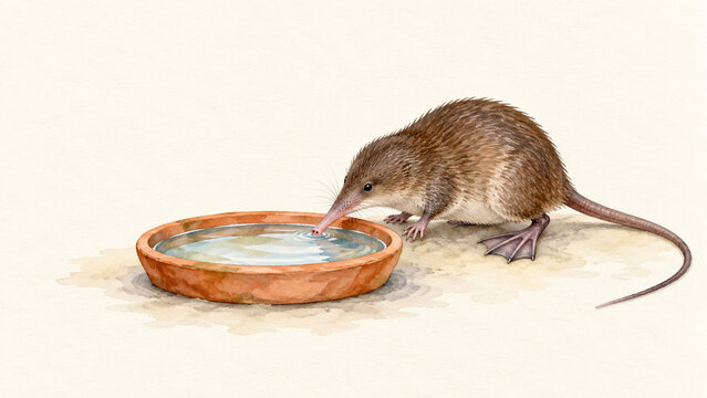 Young Desman Beside a Terracotta Water Saucer in Watercolor