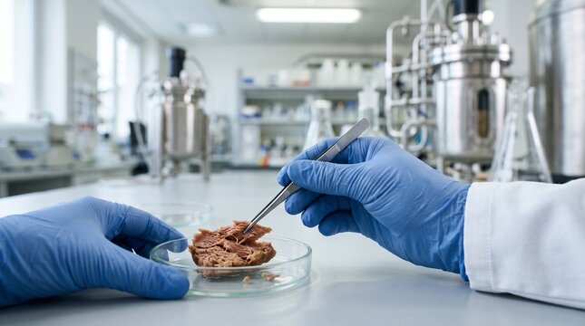 Food science researcher holding textured plant based meat sample with tweezers over petri dish symbolizing innovative cellular agriculture and sustainable protein
