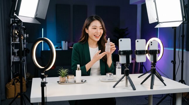 Energetic female beauty influencer streaming live video with ring lights presenting skincare serum bottle conveying modern social commerce and cosmetics marketing