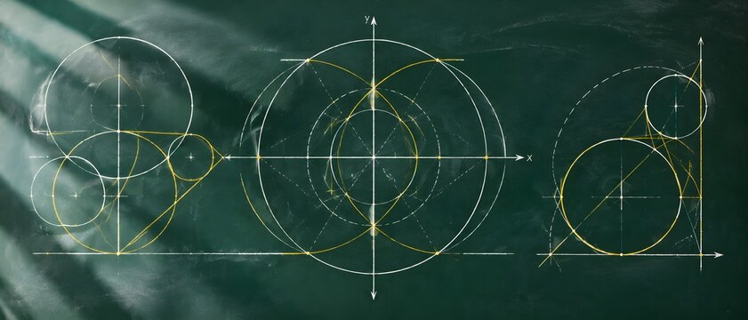 Precision geometric blueprint of intersecting arcs tangent circles and Cartesian coordinates drawn in clean white and cyan ink