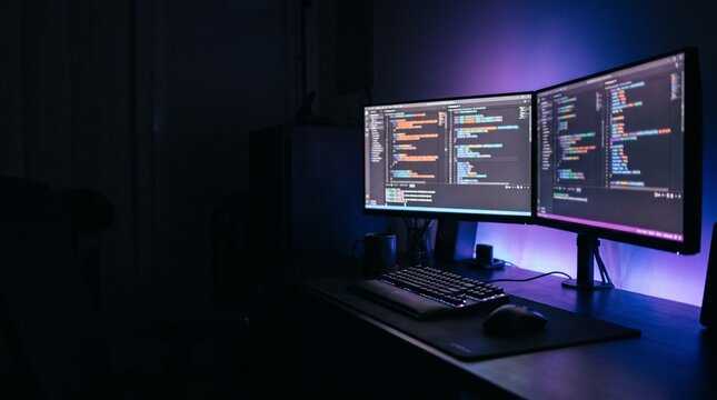Dual Monitor Computer Setup with Programming Code in Dark Room