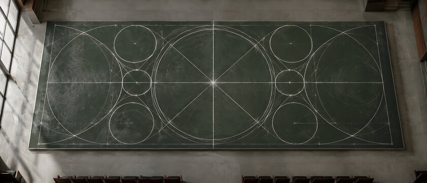 Crisp geometric network of bisecting white chalk lines tangent circles and radial arcs inscribed across reclaimed slate
