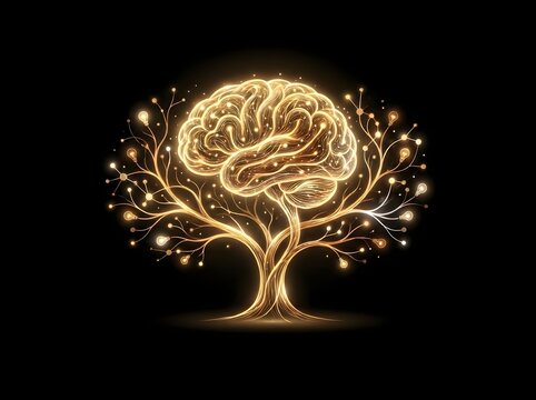 Glowing golden brain tree abstract concept on black background 