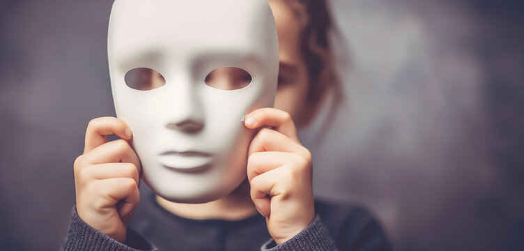 Young girl gripping a blank white mask, concealing her face while suggesting identity, anonymity and hidden emotions
