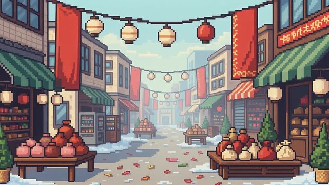 ドット絵の初売りの商店街と福袋 ピクセルアートループ動画