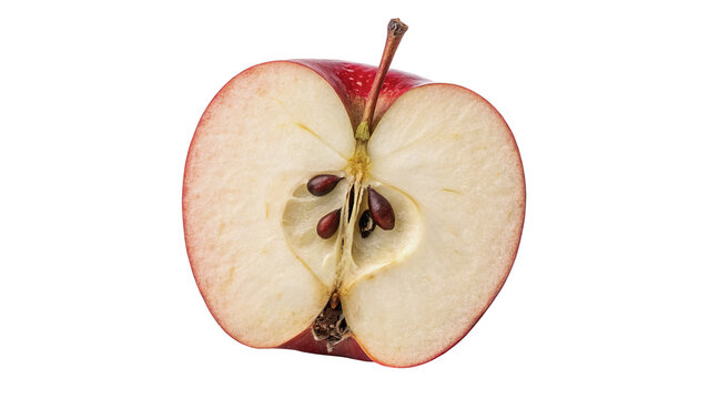 A single fresh half cut ripe red apple isolated on transparent background.