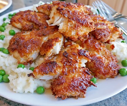 Crispy baked fish pieces served with fluffy mashed potatoes and bright green peas.