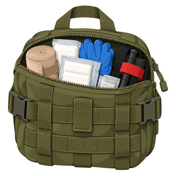Tactical Emergency Medical Pouch with First Aid and Trauma Supplies Isolated on White