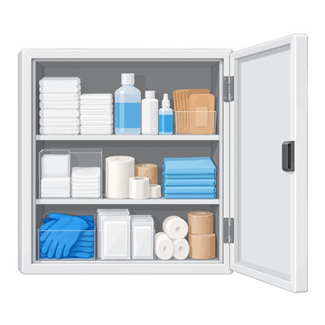 Open Emergency Medical Supply Cabinet with Organized First Aid Equipment