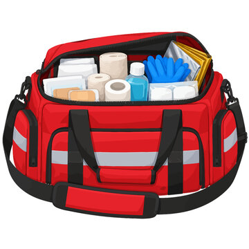 Red Emergency Medical Duffel Bag with Organized First Aid Supplies Isolated on White