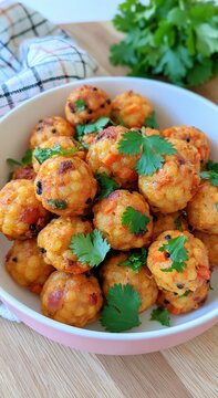 Small spherical food items garnished with fresh green leaves are presented in a bowl.