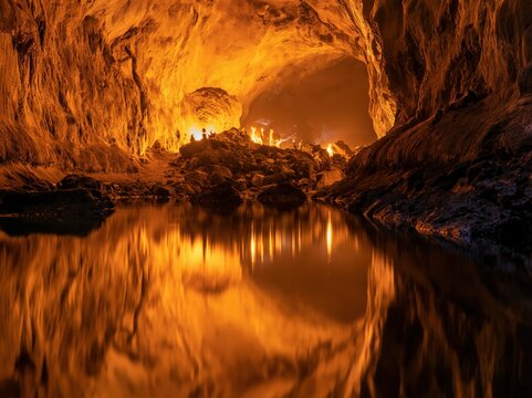 Interior of a vast cavern illuminated with warm light, with a calm body of water reflecting the formations.
