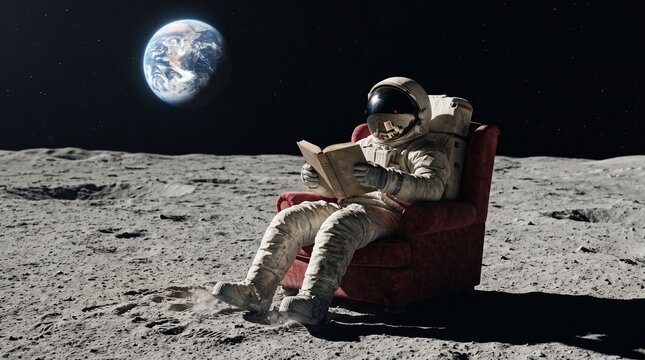 Astronaut relaxing in armchair reading book on moon surface with Earth in black sky, surreal space leisure concept