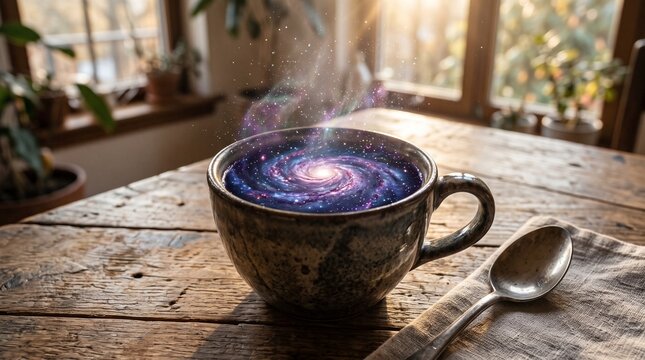 Coffee cup with swirling purple galaxy inside on wooden table, magical cosmic drink surreal concept