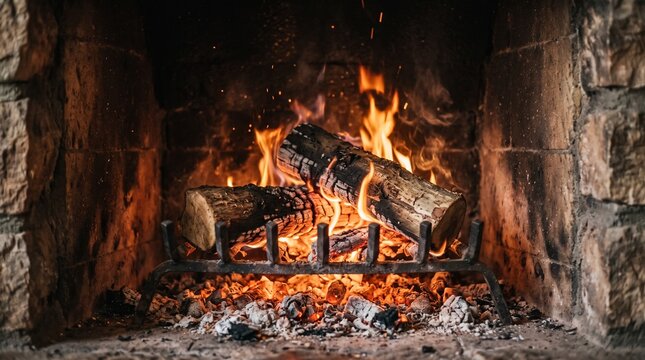 Bright fire burning in old stone hearth with glowing embers, warm home fireplace for cold winter nights