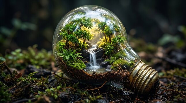 Miniature green forest with waterfall growing inside glass light bulb, eco friendly green energy and sustainability concept