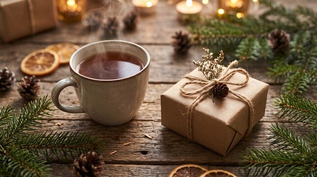 Cup of hot tea and kraft paper gift box on rustic wooden table with pine branches, cinnamon and dried orange, cozy Christmas still life
