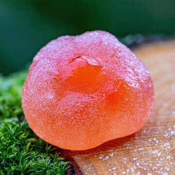 Translucent orange object with a glistening surface rests on moss and wood.