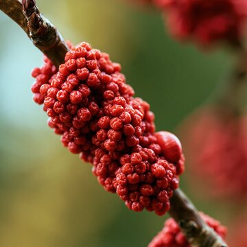 Tiny red berries cluster on a woody branch with a blurred natural background.