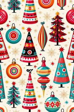 Festive patterned arrangement of stylized evergreen trees and round ornaments.