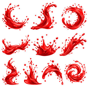 Dynamic Red Liquid Paint Splash Crescent Wave Isolated on White Background