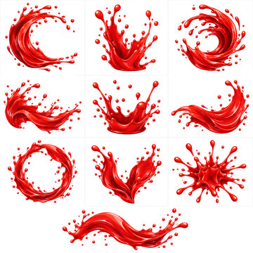 Dynamic Red Liquid Paint Splash Crescent Wave Isolated on White Background