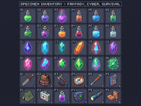 Isometric 16 bit pixel art fantasy rpg inventory item grid