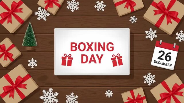 Boxing Day 26 December holiday sale promo event with gifts and snowflakes 2d animation motion graphic background loop
