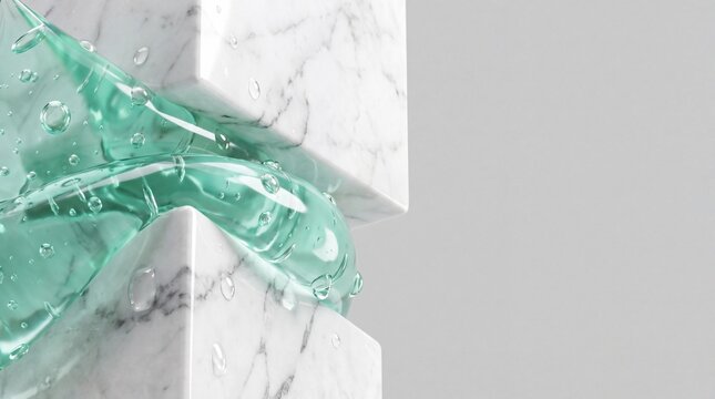 Macro 3D render of translucent mint hydrogel squeezed between white Carrara marble blocks copy space