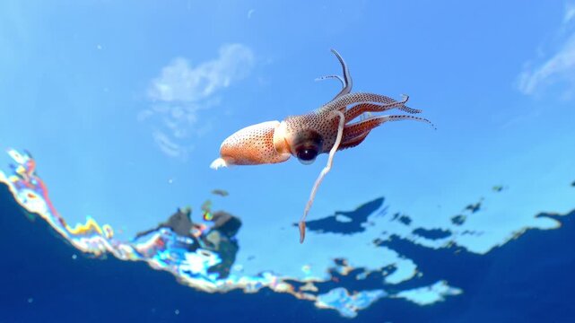 A camera zooming in and out on a strawberry squid Histioteuthis heteropsis near the water surface against a bright blue background.